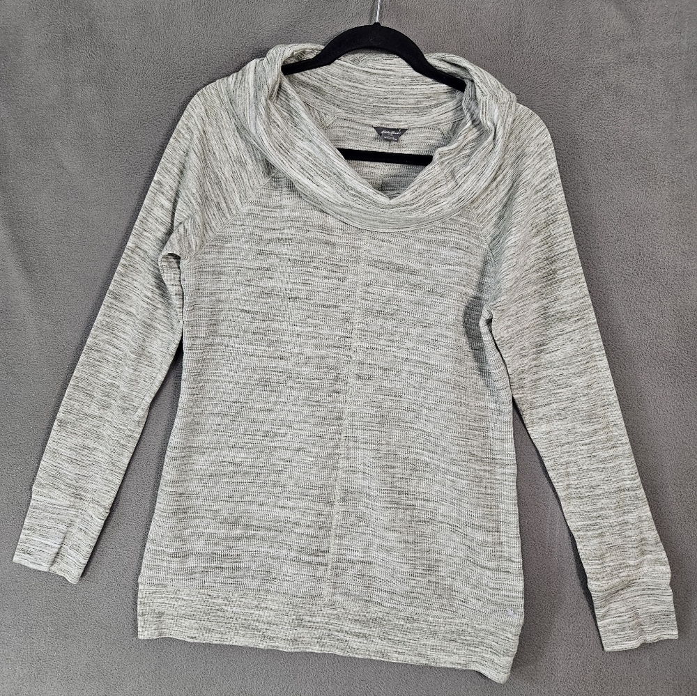 Eddie Bauer Womens Large Cowl Turtleneck Waffle Knit Thermal Gray Long Sleeve - Picture 1 of 8